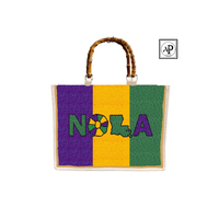 Tas Jinjing NOLA Mardi Gras dengan Hiasan Manik-manik Warna-warni, Pegangan Bambu, Desain Kanvas Tahan Lama, Ukuran Besar, Serbaguna untuk Acara Perayaan