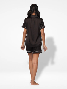 Satin Pajama Set for Women-Contrast Piping Turn-down Collar Drawstring Closure Short Sleeve Long/Short Pant Summer Breathable - Product Image 2