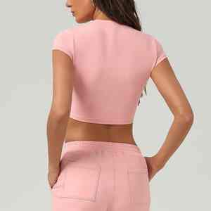 Pantalones de chándal de pierna ancha de cintura alta para mujer, Top corto de manga corta para Yoga, conjuntos de ropa deportiva para gimnasio, secado rápido sólido - Product Image 2