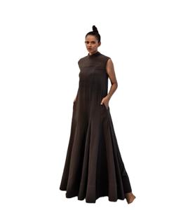 High Quality <b>Linen</b> Fabric Short Collar Neck Sleeveless Floor Length Flared <b>Linen</b> <b>Long</b> <b>Dresses</b> with Pocket - Product Image 1