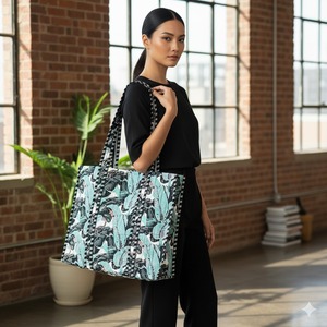 กระเป๋าผ้าพิมพ์ลายใบตองสีฟ้าของผู้หญิงกระเป๋าผ้าฝ้ายที่เป็นมิตรกับสิ่งแวดล้อมสำหรับใช้ในชีวิตประจำวันกระเป๋าถืออเนกประสงค์สำหรับกระเป๋าผ้าใบทุกใบ - Product Image 2