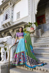 High End Tasar Silk Kalamkari Print Lehenga Choli con Can Stitch y Tassel Dupatta para uso étnico Exportación a granel - Product Image 4
