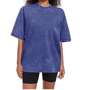 Personalizado de gran tamaño Vintage pesado transpirable lavado ácido gota hombro camisetas para mujeres 220 gramos largo sol desteñido cuello redondo Casual - Product Image 1