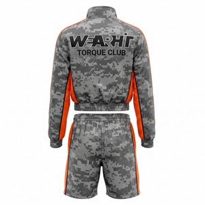 Custom Tracksuit Set Rib Collar Cropped Polyester Racing Jacket and <b>Shorts</b> Sublimation Urban Digital Camo Neon <b>Orange</b> OEM - Product Image 2