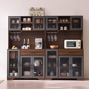 <span class=keywords><strong>Buffet</strong></span> de cuisine haut en noyer foncé avec portes vitrées, grand meuble de rangement pour café avec casier à vin et tiroir - Product Image 3