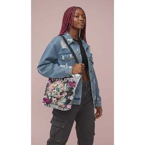 Borsa tote con teschio floreale, grande capacità, resistente, in pelle PU, chiusura con cerniera, ricamo con lettere, colore unico - Product Image 2