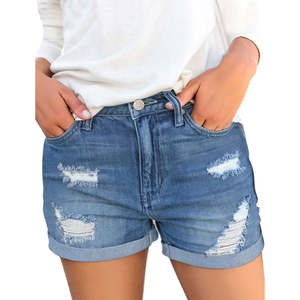 Shorts Vaqueros de Mezclilla Personalizados OEM para Mujer, de Alta Calidad, Algodón, Desgastados, Transpirables, Cintura Elástica, Cintura Media - Product Image 1