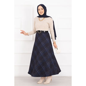 Jupe de plongée bleu marine à carreaux, coupe droite chic avec ceinture, en coton tricoté respirant, taille XS, pour l'été et l'automne, décontractée et tendance - Product Image 3
