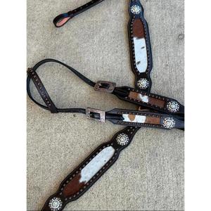 Juego de tachuelas marrón occidental de cuero cortado a mano con acabado superior con brida de tamaño de caballo y accesorios de hebilla a prueba de óxido para carreras de caballos - Product Image 1