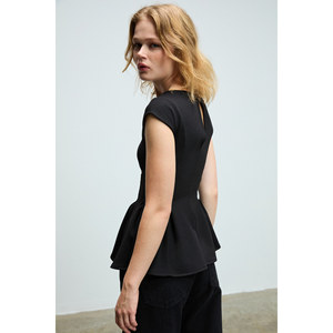 GRIMELANGE Blusa peplum de manga corta con cuello redondo y detalle de botones para mujer - Product Image 5