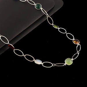 Elegante moda 10mm cojín Hydro cuarzo Calcedonia Multi piedra collar latón plata enlace ovalado cadena piedras preciosas collar joyería - Product Image 3
