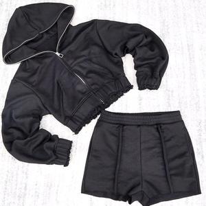 Custom Zip-Up Hoodie Short <b>Set</b> Casual Sports Wear with Embroidered Letter Pattern Cotton Terry Long Tops Autumn & Summer Season - Product Image 1