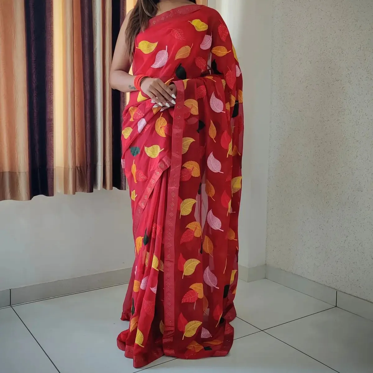 FULPARI pakaian wanita India blus saree cetak batas renda pakaian pesta Sari Harga rendah murah wanita India terbaru garmen etnik