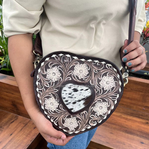 Best Selling Women's Western Cowhide Genuine <b>Leather</b> Floral <b>Purse</b> Heart-Shaped Crossbody Handbag Zipper Closure Cowgirl Style - Product Image 2