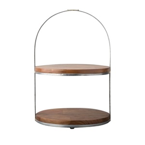 Plateau en bois à deux niveaux au design élégant avec support en métal finition noire thermolaquée en forme arrondie pour la décoration - Product Image 1