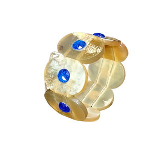 Natural Buffalo Horn Style Oval Link <b>Bracelet</b> Handcrafted Resin Bone-Texture Stretch Bangle with Blue <b>Crystal</b> Inlay Eco-Friendly - Product Image 3