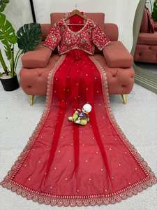 Sari de seda suave pura de diseñador indio de color rojo, borde de trabajo de secuencia y trabajo de bordado hermoso para ropa de boda y fiesta - Product Image 6