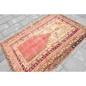 Alfombra turca Vintage 4,4X6,5 pies Rojo Beige Lana Kilim Gran diseño de pasillo rectangular abstracto Látex de 10mm Para áreas grandes - Product Image 2