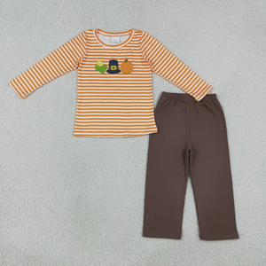 T-shirt rayé à manches longues pour garçons avec chapeau de pèlerin et imprimé avant motif citrouille, ensembles décontractés - Product Image 4