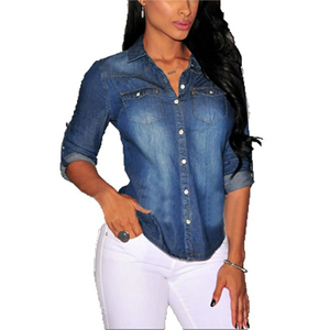 Blusas de Primavera Bordadas para Mujer, Camisas con Logotipo Personalizado, Tallas Grandes, Spandex/Algodón, Denim Retro, Lisas, al por Mayor - Product Image 3