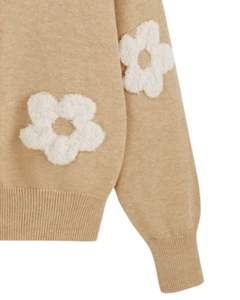 Customized Women Camel <b>Brown</b> Knit <b>Cardigan</b> Sweater With White Flower Applique V Neck Button Front Casual Winter Fashion Top - Product Image 6