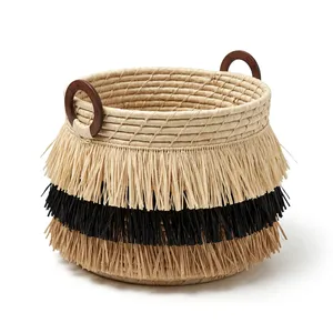 Boîte de rangement et d'organisation ronde en raphia, décoration bohème, avec franges et couvercle pour l'organisation de la maison - Product Image 3