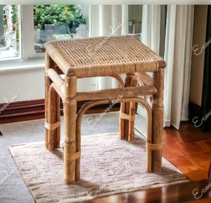 Tabouret en bois de style cottage moderne avec dessus tissé en raphia rustique Console en bois massif pour salon cuisine incrustation d'os Design - Product Image 6