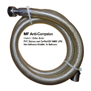 สายแก๊สหุงต้มในครัว MF ป้องกันการกัดกร่อน ผลิตจาก PVC และสแตนเลส ได้รับการรับรองมาตรฐาน EN 14800 ใช้กับแก๊ส LPG และก๊าซมีเทน แบบยืดหยุ่นได้ เหมาะสำหรับห้องน้ำ - Product Image 2