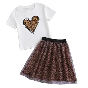 Girls Top and skirt two pieces fashion clothing set Kids children floral leopard graphic printed clothing set Girls dresses