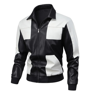 Veste en simili cuir noir et blanc pour homme, veste de motard élégante à fermeture éclair, streetwear décontracté, veste en cuir PU tendance - Product Image 1