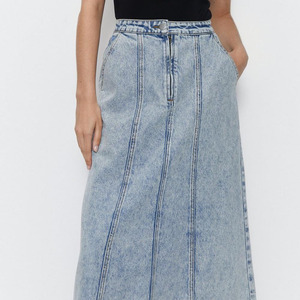 Promotional High Waist Zipper Closure Full Fluted Maxi Denim <strong>Skirt</strong> <strong>For</strong> Women's With Back Pockets &amp; Casual Wear Light Wash <strong>Skirt</strong> - Product Image 4