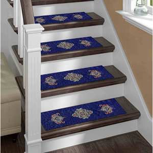 Alfombra Azul Estampada, Diseño Oushak Moderno, Decoración de Escaleras de Lujo Discreto, Goblen - Product Image 5