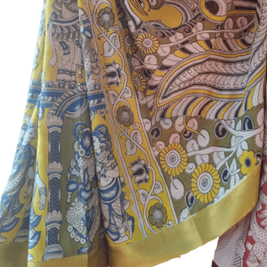 ผ้าส่าหรีผ้าฝ้ายลายคาลัมคารีสีมัสตาร์ดพิมพ์ลายด้วยมือ ผ้าบาเนราซีเนื้อนุ่ม ผ้าจอร์เจตต์เน็ตโมดอลอินเดียเนื้อหนา สำหรับสวมใส่ประจำวันและงานเทศกาล - Product Image 6