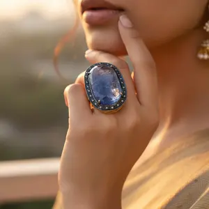 Anillo de Oro Amarillo con Topacio Azul, Corte Ovalado, Chapado en Rodio, Elegante, para Mujer - Product Image 1