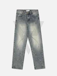 Men 100% Cotton 13oz Gray Denim Pants Distressed High <b>Waist</b> Straight Fit Casual Lightweight Fashion <b>Jeans</b> Wholesale OEM 2025 - Product Image 4