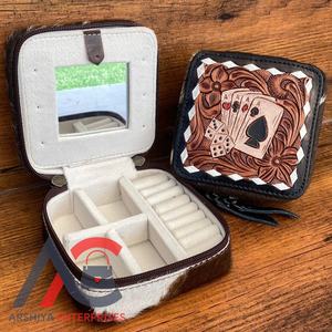 Boîtes à bijoux multifonctions en cuir repoussé à la main Boîte de rangement de bijoux en cuir véritable Étui à bijoux pour boucles d'oreilles en cuir de vachette de haute qualité - Product Image 1