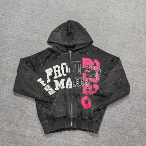 OEM ODM Vente en gros sur mesure Sweat à capuche d'hiver pour homme lourd délavé à l'acide Mode écologique Fermeture éclair Applique en strass Broderie XS - Product Image 1