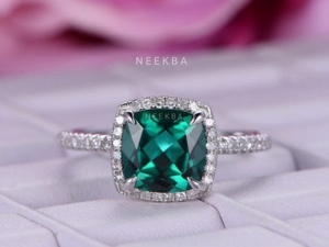 Unique 8*8 mm Cushion Cut Lab-Grown Emerald 14K Solid White Gold Ring Handcrafted Cushion Shape Ring By Indian Manufacturer - Product Image 2