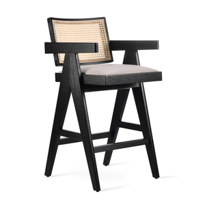 Taburete de teca negro rústico mancha y ratán trasero muebles de madera - Product Image 1