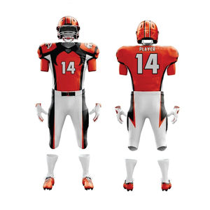 Uniforme de fútbol para hombre personalizado naranja blanco y negro Conjunto de jersey y pantalones de fútbol americano, Sarga de aparejos sublimados - Product Image 1