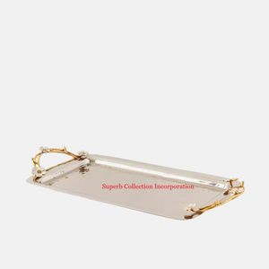 Plateau en métal martelé de la plus grande qualité avec poignée florale Plateau de service écologique pour décoration de table et collations pour fournitures d'hôtel - Product Image 6