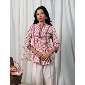 Blusa de Algodón Blanca y Rosa para Mujer, Estampada a Mano, con Cuello Asimétrico, Larga, con Bordado Floral, Tela Popelina, Talla XL - Product Image 6