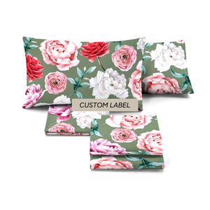 Juego de cama con estampado digital verde satinado italiano personalizable tela de algodón puro incluye sábana bajera 2 plantas clásicas - Product Image 1