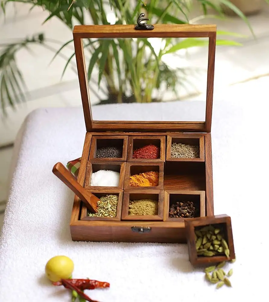 Contenedor de especias para el hogar de cocina de madera de lujo, caja de utilidad, caja de especias cuadrada hecha a mano, caja de especias WoodSpice RackSpice India