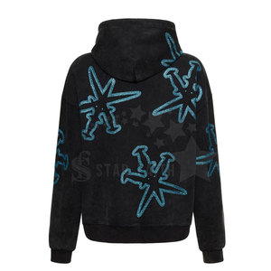 Basic Men Acid Wash Rhinestone Hoodie Streetwear Cotton Blended Pullover Hip Hop <b>Sparkly</b> Hoodie Fashion <b>Top</b> - Product Image 2