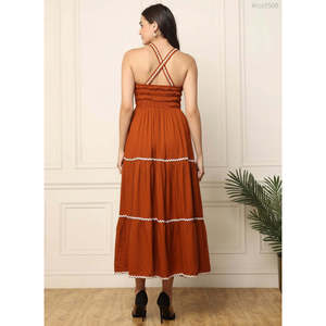 DEEBACO Women's Solid Brown Rayon Tiered <b>Dress</b> Sweet Heart Neck Sleeveless Fit and Flare Maxi Length Party Casual Western Wear - Product Image 4