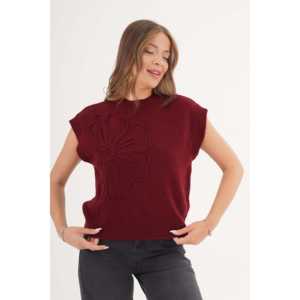Pull en tricot bordeaux pour femmes avec motif marguerite en gros - Product Image 6