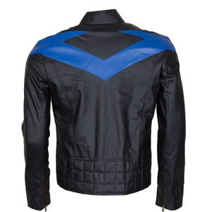 Los hombres de encargo del fabricante al por mayor negro y azul de moda de cuero brillante Biker chaqueta de cuero OEM - Product Image 2