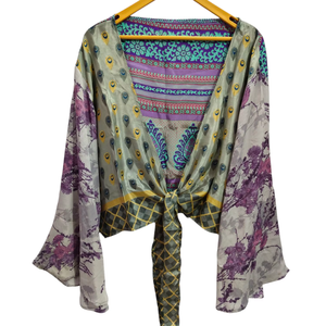 Free Size Short Silk Top Wrap dress Vintage Sari Fabric wrap top Floral Print Boho Top - Product Image 1