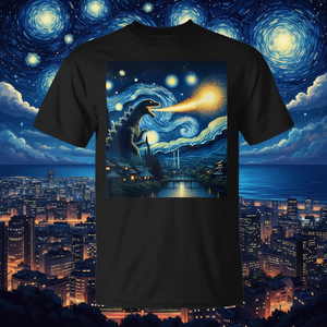 T-shirt parodique de la nuit étoilée du monstre Kaiju rétro japonais - Product Image 3